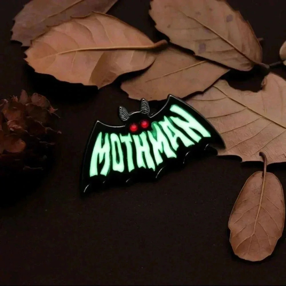 Mothman glow in the dark green and silver enamel brooch charm pin purse bag deco